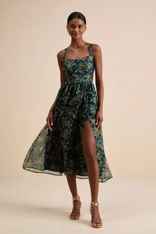 Francesca Dark Teal Floral Sleeveless Midi Dress sold by Lulus