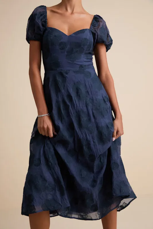 Sweetest Behavior Navy Embroidered Puff Sleeve Midi Dress sold by Lulus