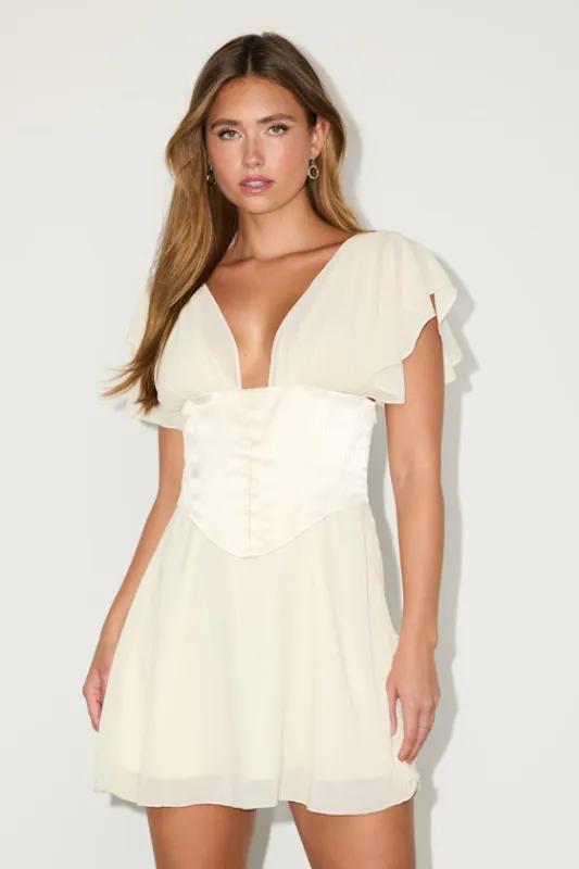 Kistine Ivory Chiffon Corset Flutter Sleeve Mini Dress sold by Lulus