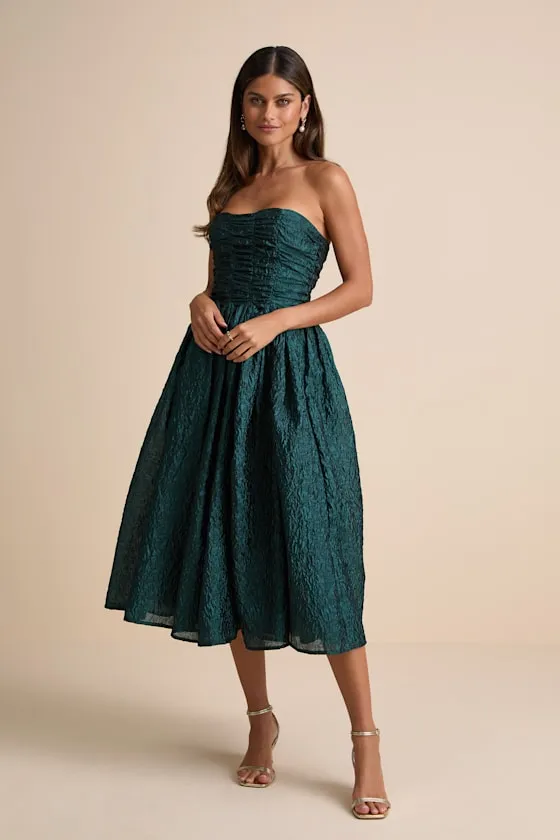Analeia Dark Teal Jacquard Lace-Up Strapless Midi Dress sold by Lulus