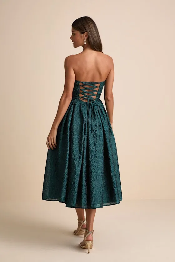 Analeia Dark Teal Jacquard Lace-Up Strapless Midi Dress sold by Lulus product image thumbnail 3