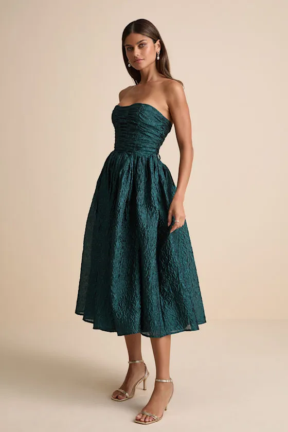 Analeia Dark Teal Jacquard Lace-Up Strapless Midi Dress sold by Lulus product image thumbnail 4