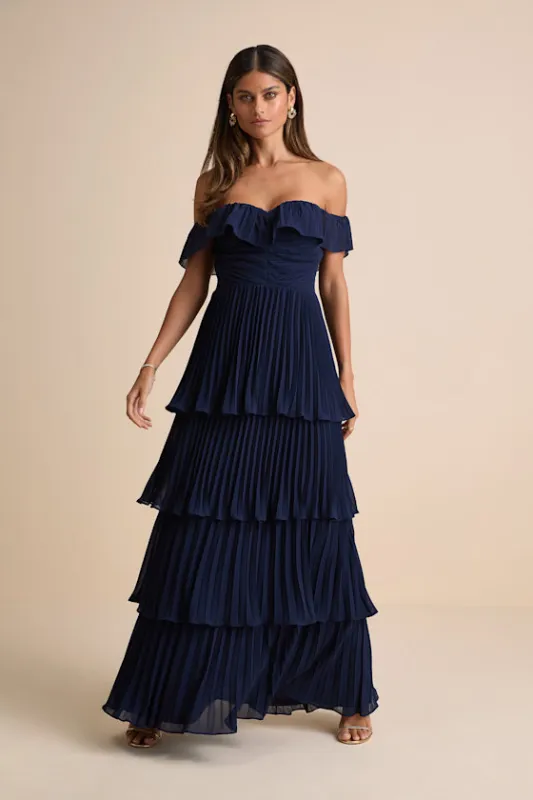 Always Remarkable Navy Pleated Off-the-Shoulder Maxi Dress sold by Lulus