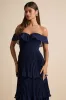 Always Remarkable Navy Pleated Off-the-Shoulder Maxi Dress sold by Lulus