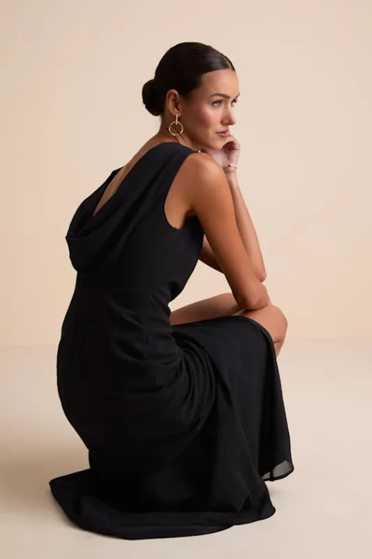 Yaneli Black Boat Neck Cowl Back Maxi Dress sold by Lulus