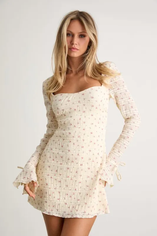 Ornella Cream Floral Textured Long Sleeve Mini Dress sold by Lulus