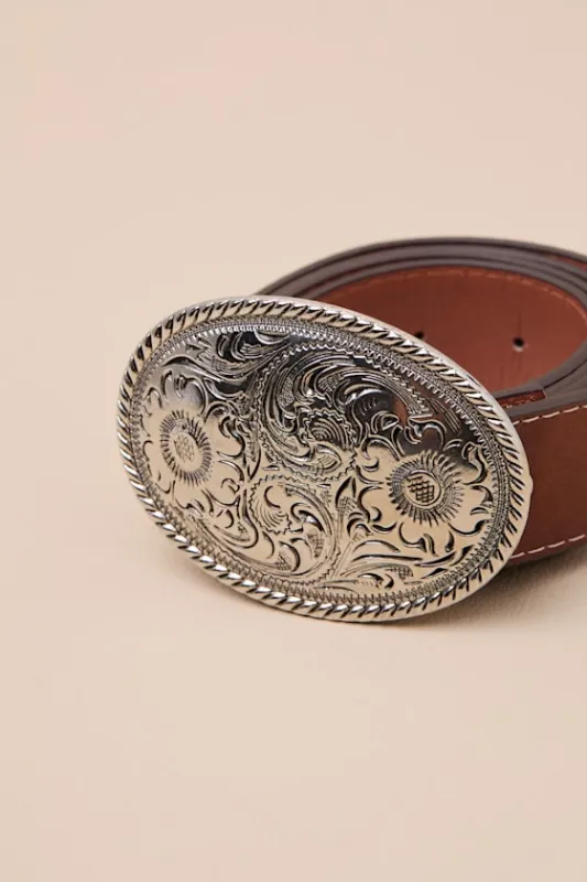 Cowgirl Favorite Brown Floral Embroidered Western Belt sold by Lulus