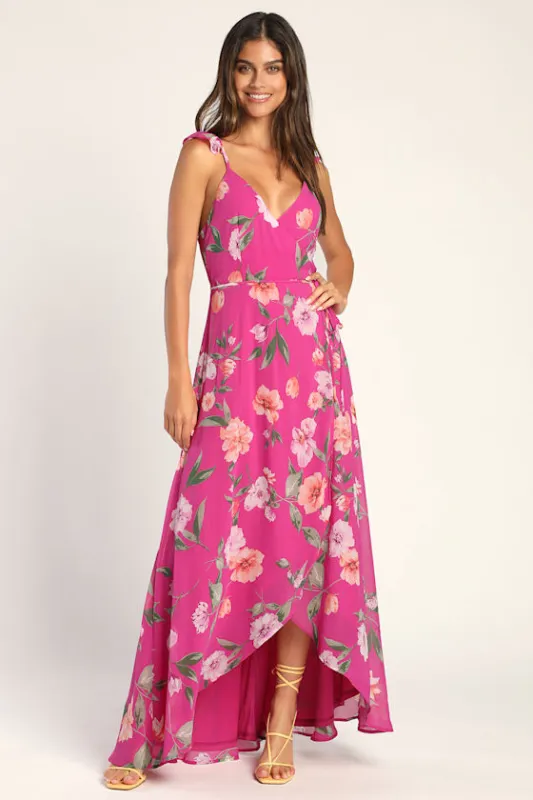 All Mine Magenta Floral Print High-Low Wrap Dress sold by Lulus
