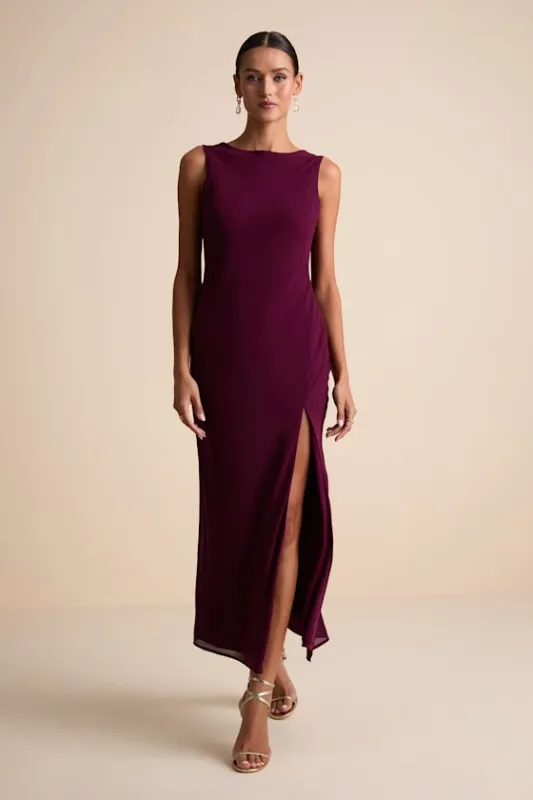 Yaneli Plum Boat Neck Cowl Back Maxi Dress made by Lulus