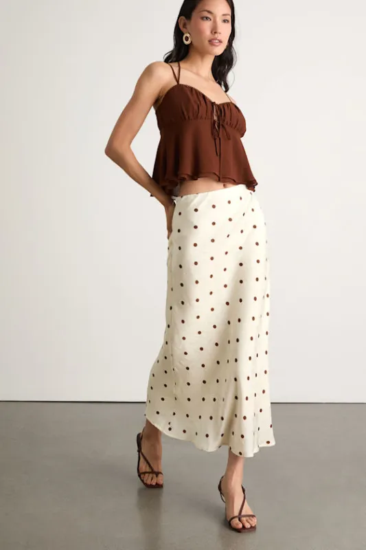 Shalia Ivory and Brown Polka Dot Midi Skirt sold by Lulus