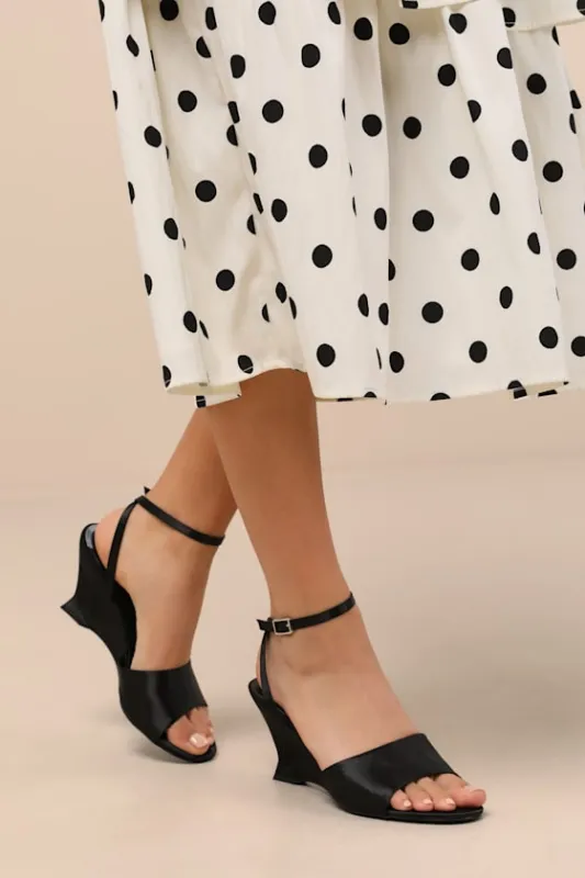 Chiarina Black Satin Ankle Strap Wedge Sandals sold by Lulus