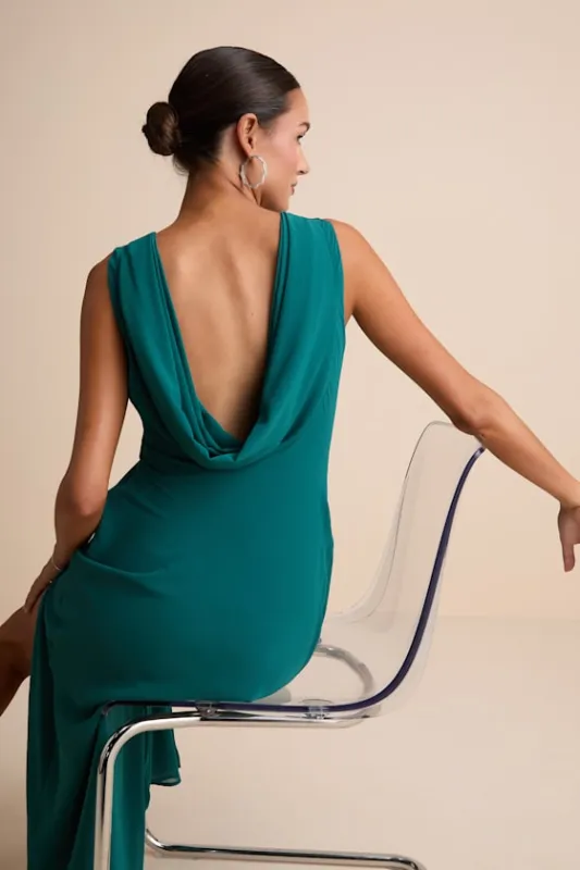 Yaneli Teal Boat Neck Cowl Back Maxi Dress sold by Lulus