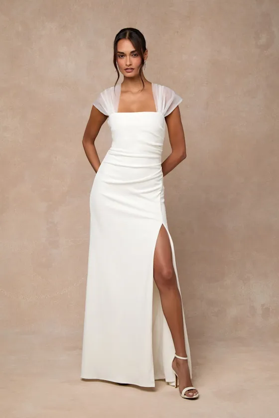 Trynn White Off-the-Shoulder Column Maxi Dress sold by Lulus