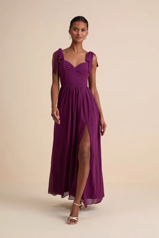 Radiant Charisma Plum Chiffon Ruched Tie-Strap Maxi Dress sold by Lulus