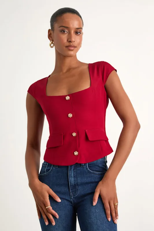 Azora Red Button-Front Cap Sleeve Top sold by Lulus