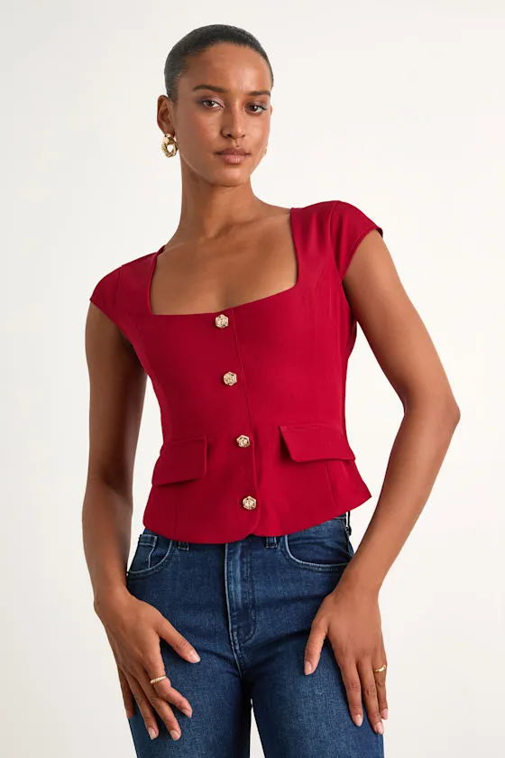 Azora Red Button-Front Cap Sleeve Top sold by Lulus