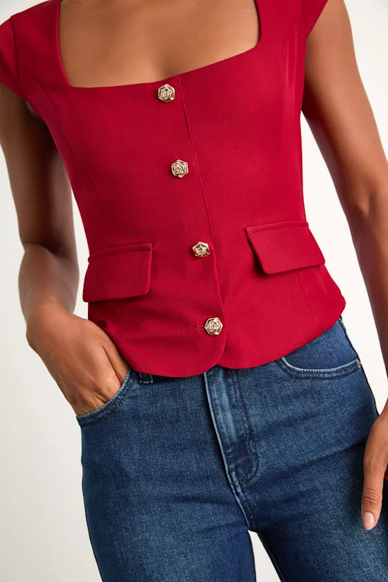 Azora Red Button-Front Cap Sleeve Top sold by Lulus product image thumbnail 2