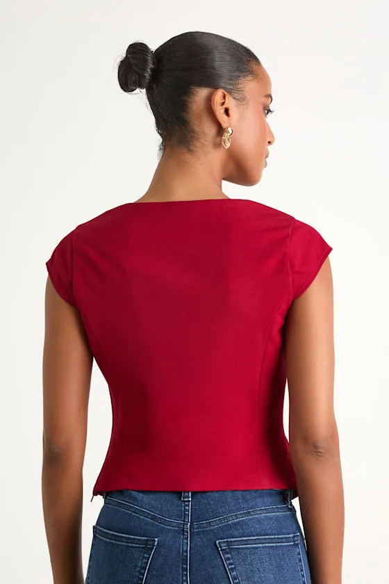 Azora Red Button-Front Cap Sleeve Top sold by Lulus product image thumbnail 3