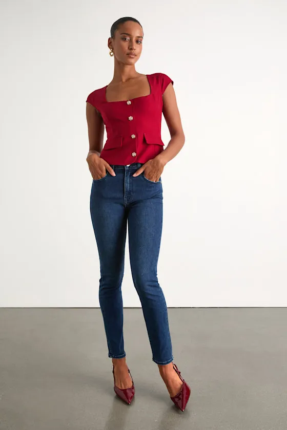 Azora Red Button-Front Cap Sleeve Top sold by Lulus product image thumbnail 4