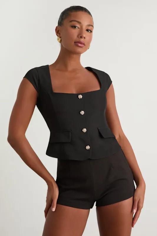 Azora Black Button-Front Cap Sleeve Top sold by Lulus