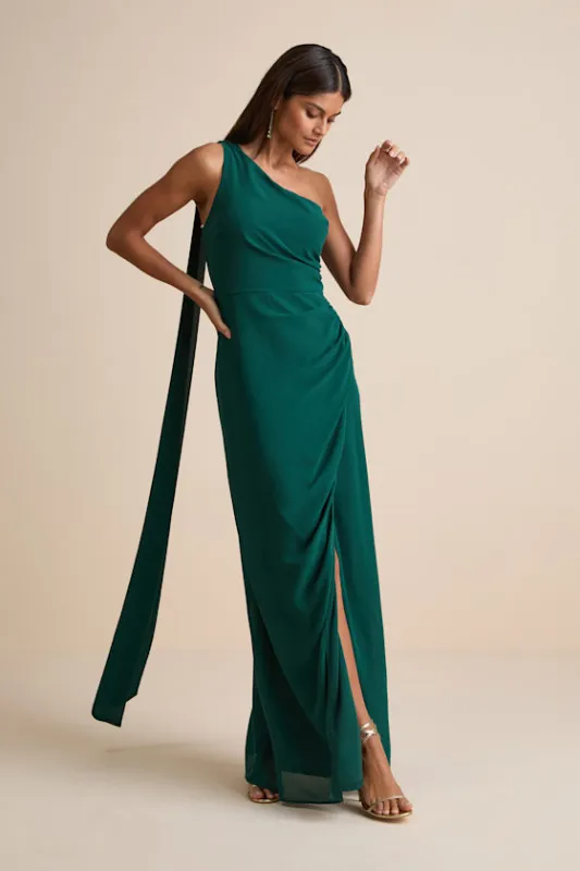 Adeline Emerald One-Shoulder Scarf Maxi Dress sold by Lulus