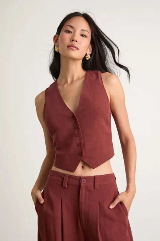 Suits You Perfectly Rust Brown Linen Vest sold by Lulus