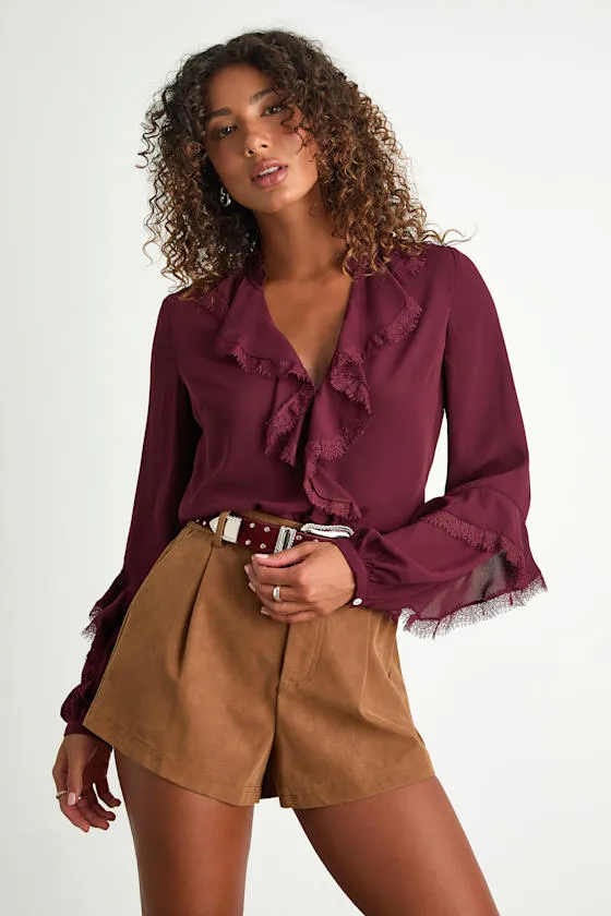Jess Burgundy Ruffled Lace Long Sleeve Top sold by Lulus