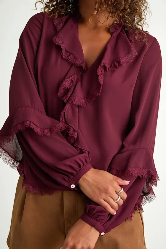 Jess Burgundy Ruffled Lace Long Sleeve Top sold by Lulus product image thumbnail 2