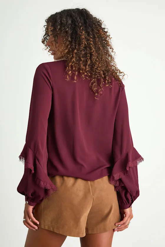 Jess Burgundy Ruffled Lace Long Sleeve Top sold by Lulus product image thumbnail 3