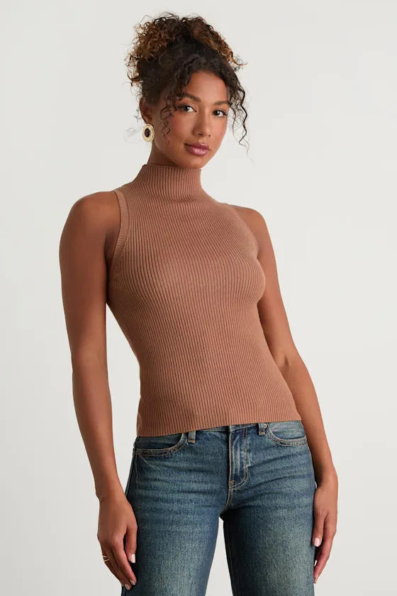 Seasonal Sophistication Brown Ribbed Mock Neck Sweater Tank Top sold by Lulus