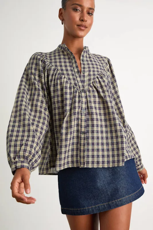 Hartlen Navy Plaid Cotton Button-Front Long Sleeve Top sold by Lulus
