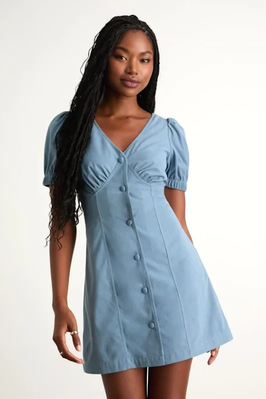 Adored Cutie Light Blue Corduroy Button-Front Mini Dress sold by Lulus