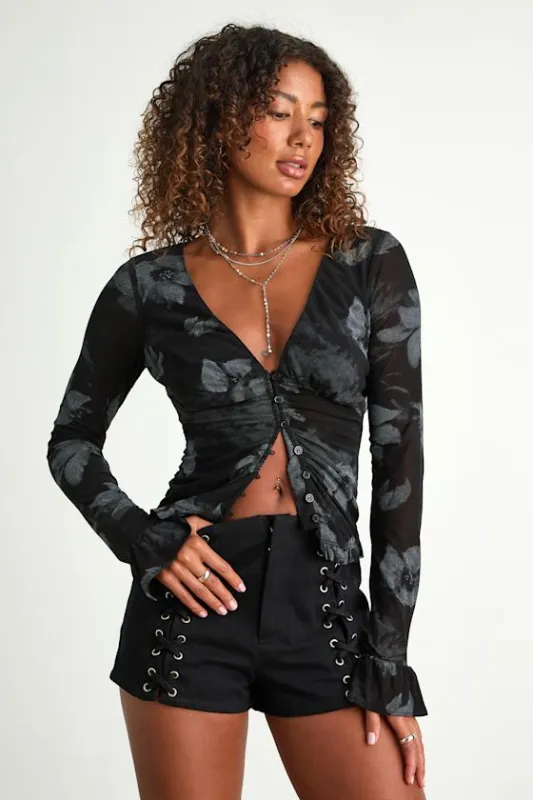 Glynn Black Floral Mesh Long Sleeve Top sold by Lulus