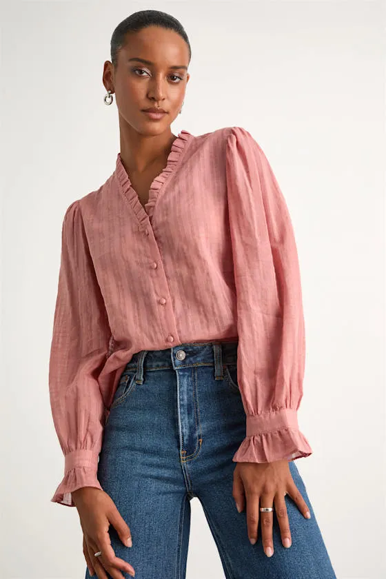 Rocklin Coral Pink Ruffled Button-Front Long Sleeve Top sold by Lulus