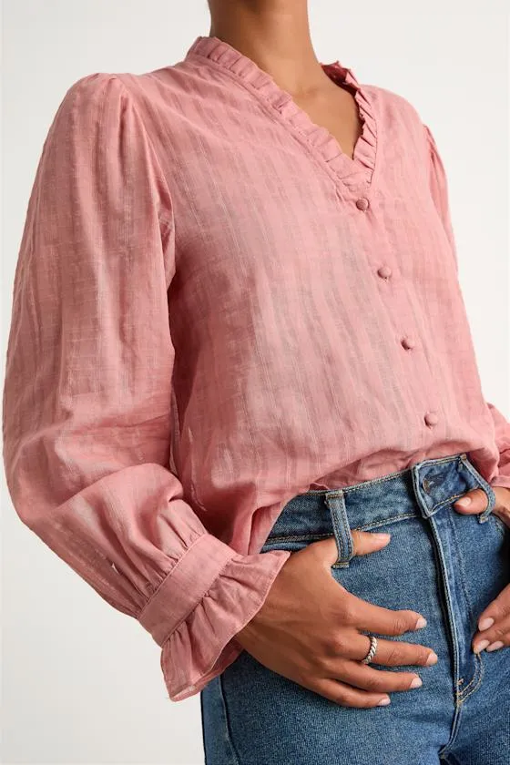 Rocklin Coral Pink Ruffled Button-Front Long Sleeve Top sold by Lulus product image thumbnail 2