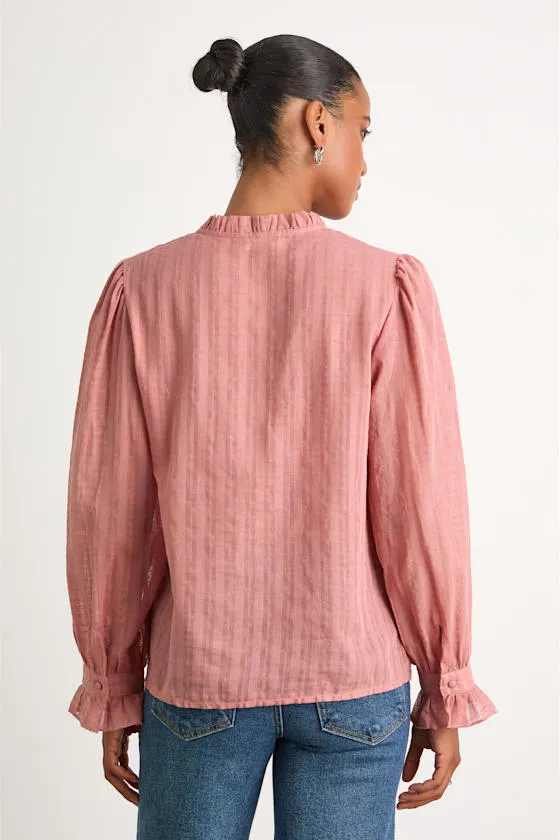 Rocklin Coral Pink Ruffled Button-Front Long Sleeve Top sold by Lulus product image thumbnail 3