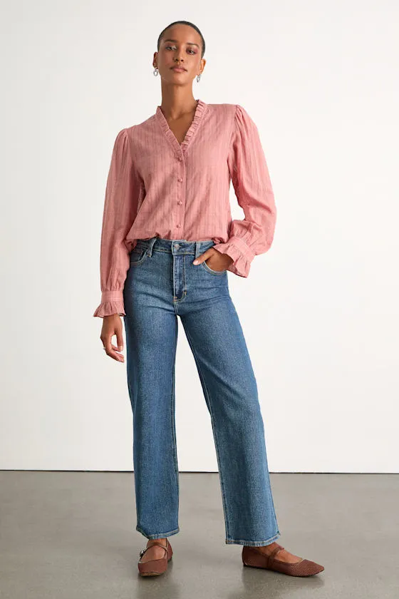 Rocklin Coral Pink Ruffled Button-Front Long Sleeve Top sold by Lulus product image thumbnail 4