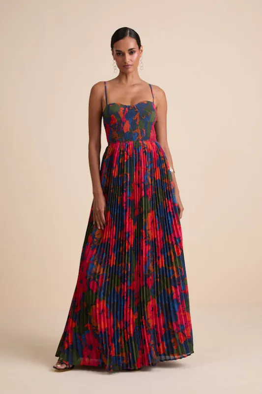Kinleigh Red Multi Abstract Pleated Bustier Maxi Dress sold by Lulus