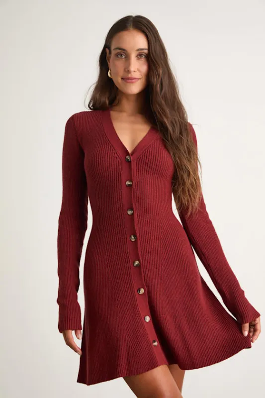Adorably Flirty Rust Red Button-Front Sweater Mini Dress sold by Lulus