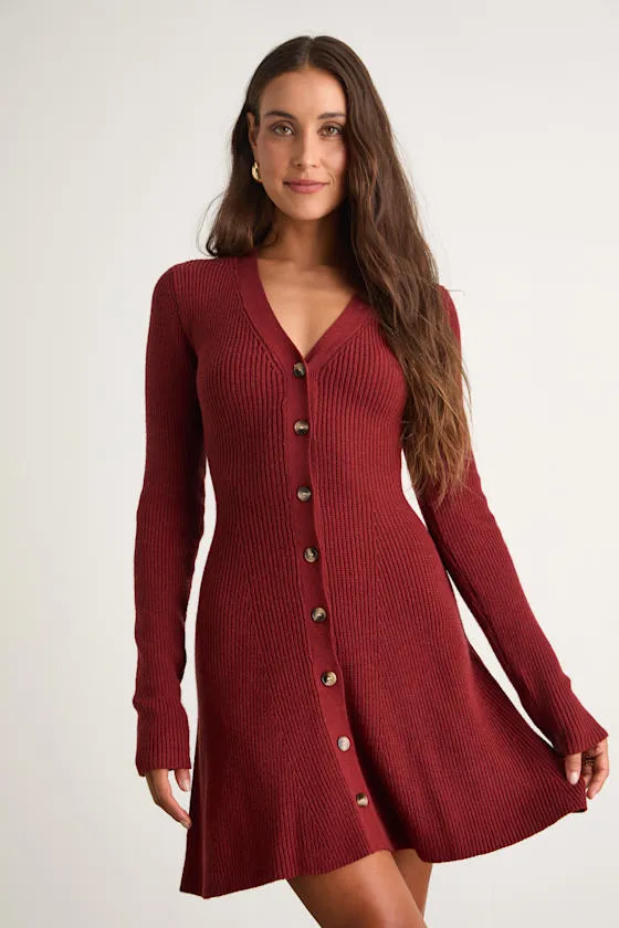 Adorably Flirty Rust Red Button-Front Sweater Mini Dress sold by Lulus