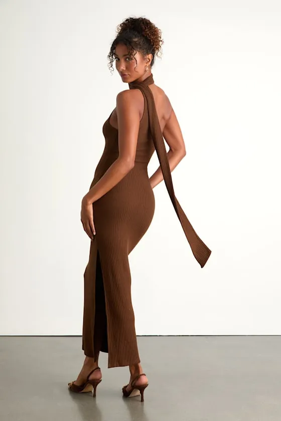Venna Heathered Brown One-Shoulder Scarf Maxi Dress sold by Lulus product image thumbnail 3