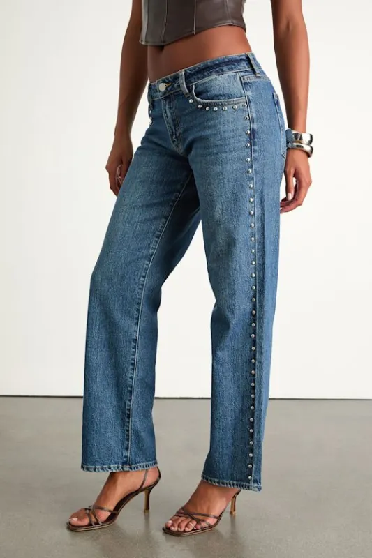 Kastela Dark Wash Denim Studded Low-Rise Jeans sold by Lulus