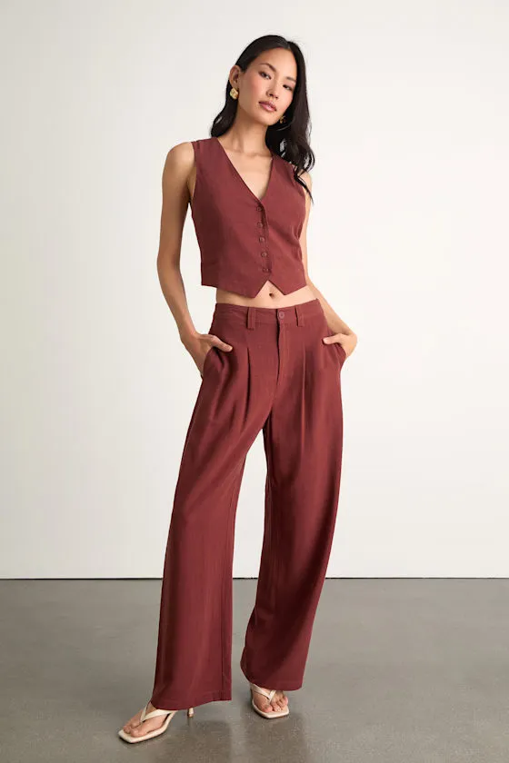 Suits You Perfectly Rust Brown Linen Wide-Leg Pants sold by Lulus