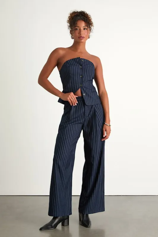 Rashana Navy Pinstriped Wide-Leg Trouser Pants sold by Lulus