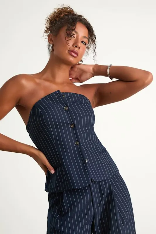 Rashana Navy Pinstriped Button-Front Strapless Top sold by Lulus