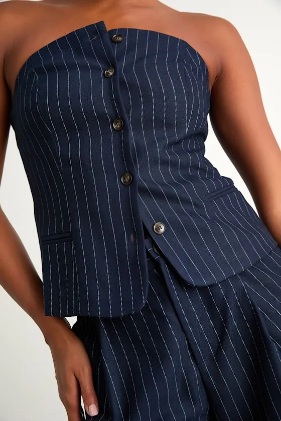 Rashana Navy Pinstriped Button-Front Strapless Top sold by Lulus product image thumbnail 2