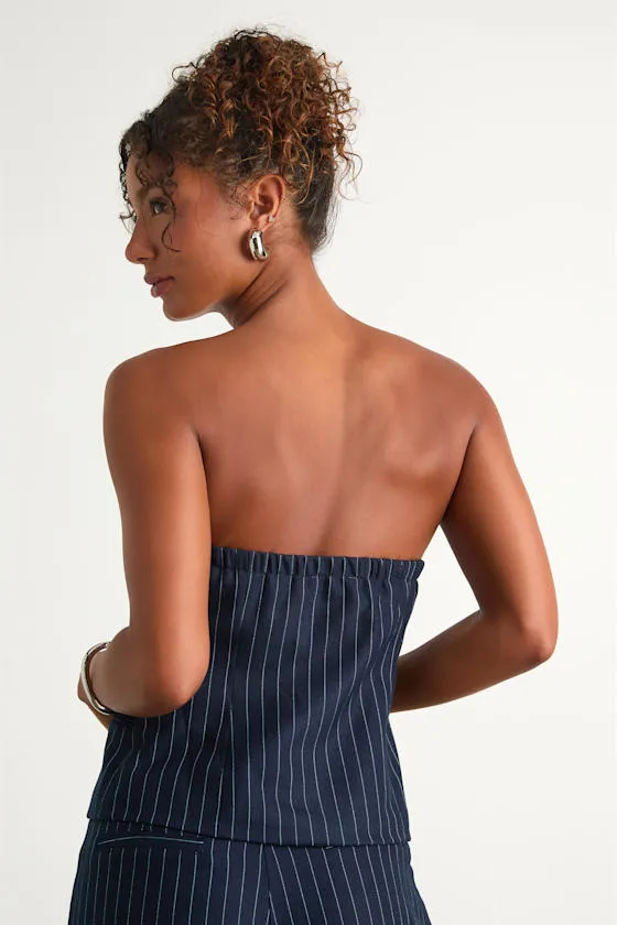 Rashana Navy Pinstriped Button-Front Strapless Top sold by Lulus product image thumbnail 3