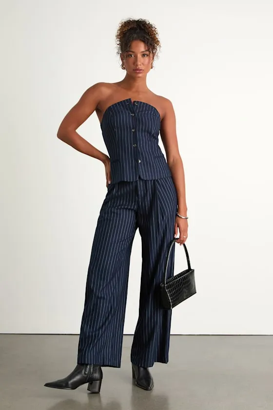 Rashana Navy Pinstriped Button-Front Strapless Top sold by Lulus product image thumbnail 4