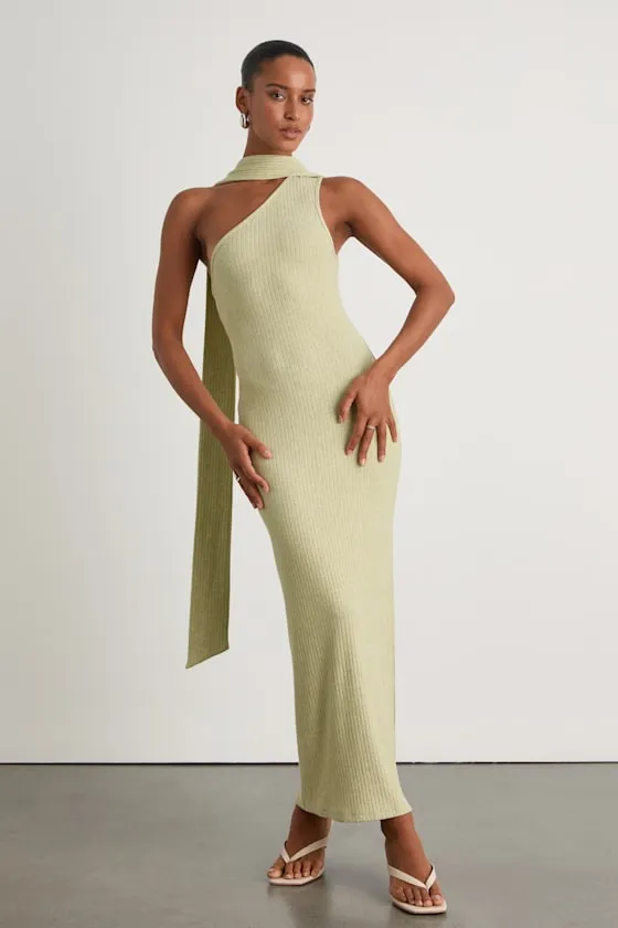 Venna Heathered Sage One-Shoulder Scarf Maxi Dress sold by Lulus