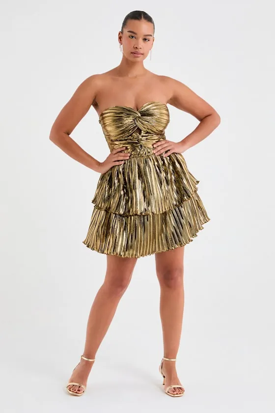 Ilyra Gold Lurex Plisse Cutout Strapless Mini Dress sold by Lulus product image thumbnail 2